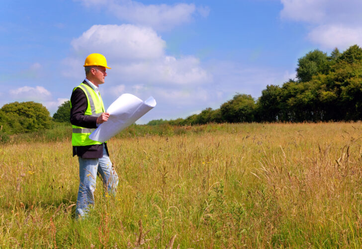 Architect surveying a new building plot and property lines.