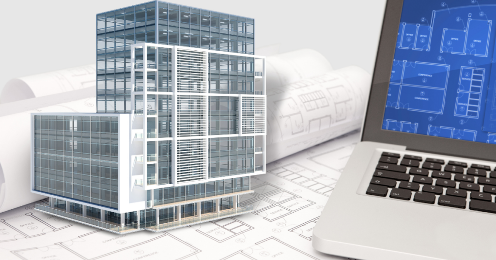 An image of an office building designed with 3D CAD modeling software.